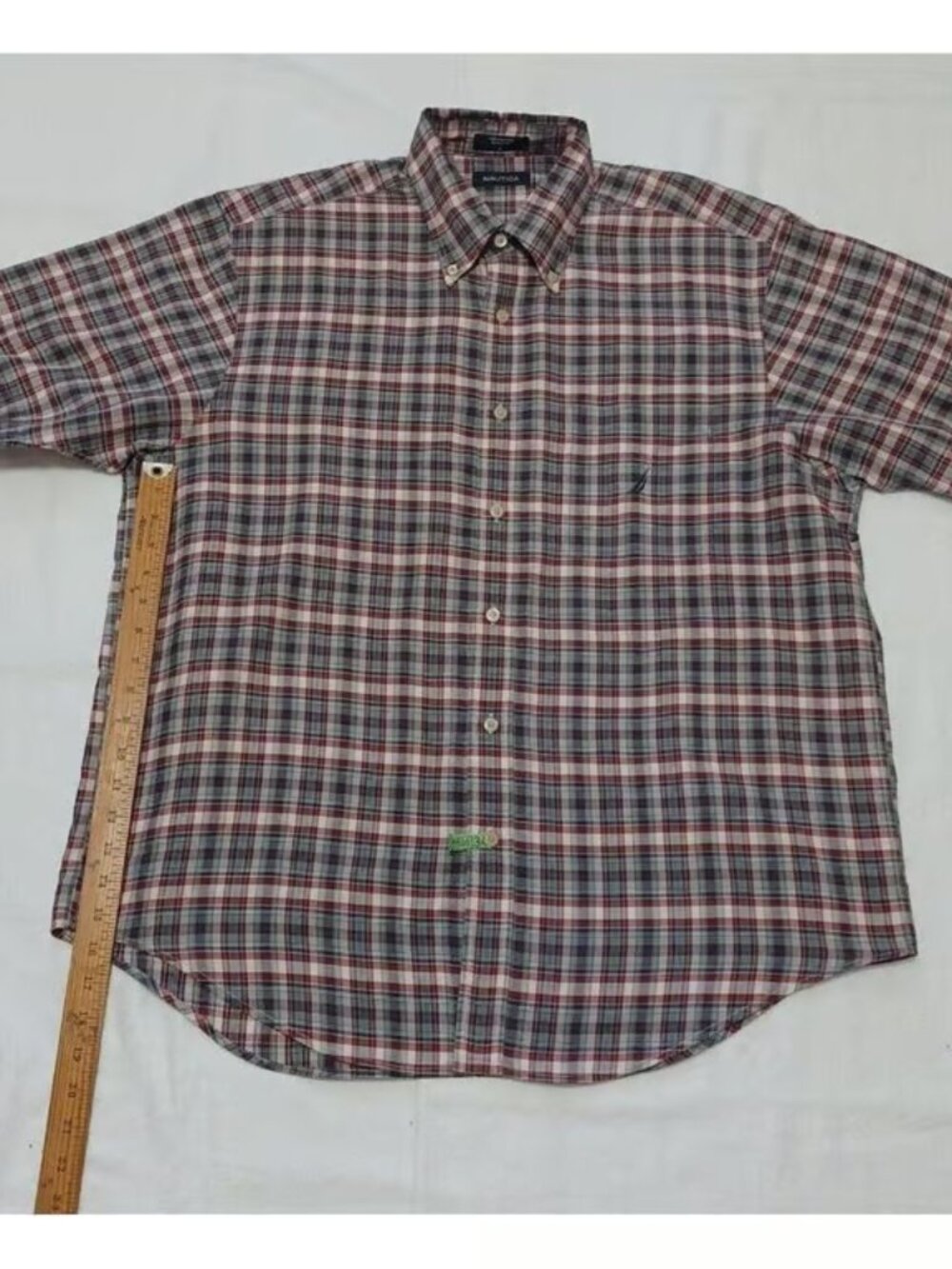 Nautica Mens Large Red White Blue Plaid Short Sleeve Button Down Cotton Shirt